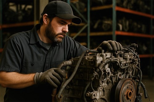 Jasper Auto & Truck Parts team member inspecting recycled engine in Edmonton shop
