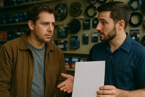 Edmonton driver reviewing used engine warranty with Jasper Auto & Truck Parts staff