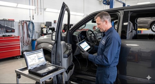 Technician scanning check engine light codes with used auto parts diagnostics