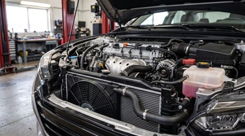 Used radiator and cooling system components in an Edmonton automotive workshop.